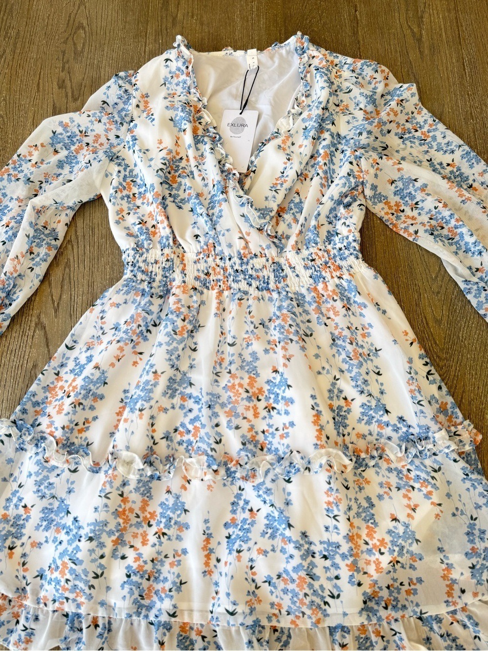 Women's Cream Floral Ruffle Casual Dress with Blue & Orange Print.